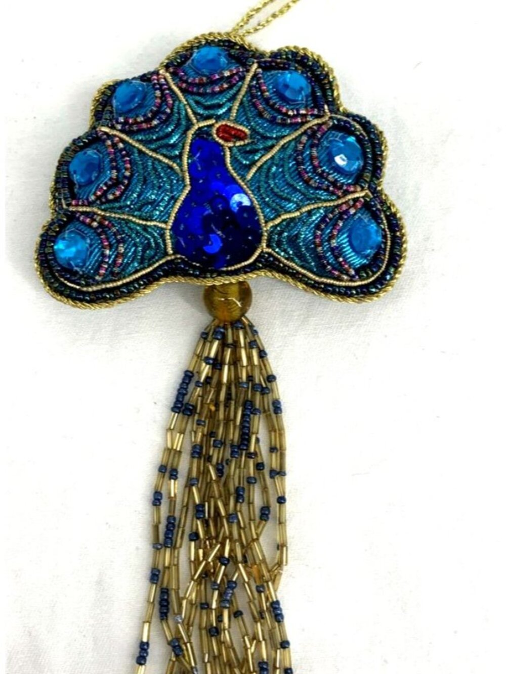 Peacock Christmas Ornament Sequin and Bead Holiday Decor 7"